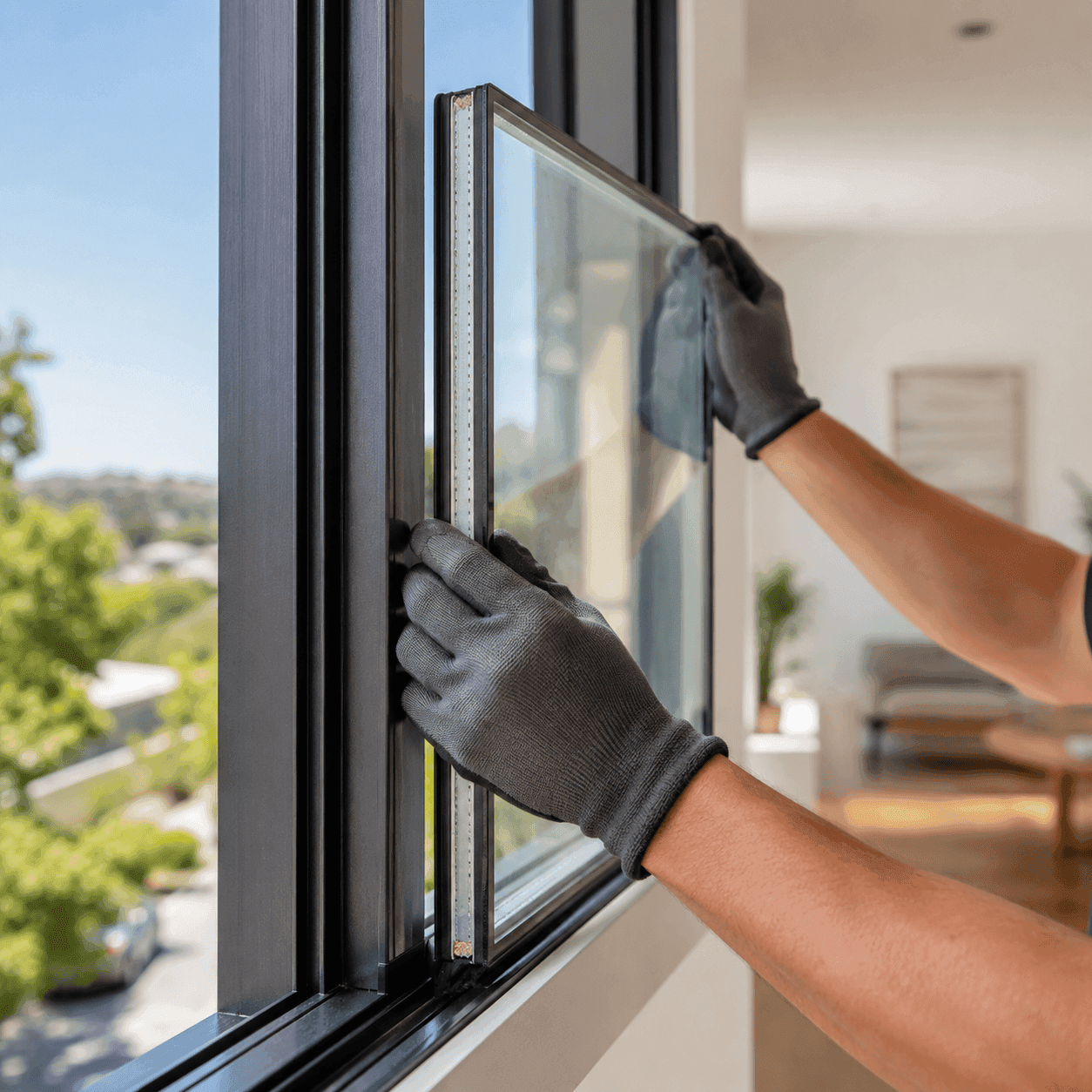 Close-up of a tradesperson installing a modern double-glazed window with aluminium frame in a bright Sydney home interior.