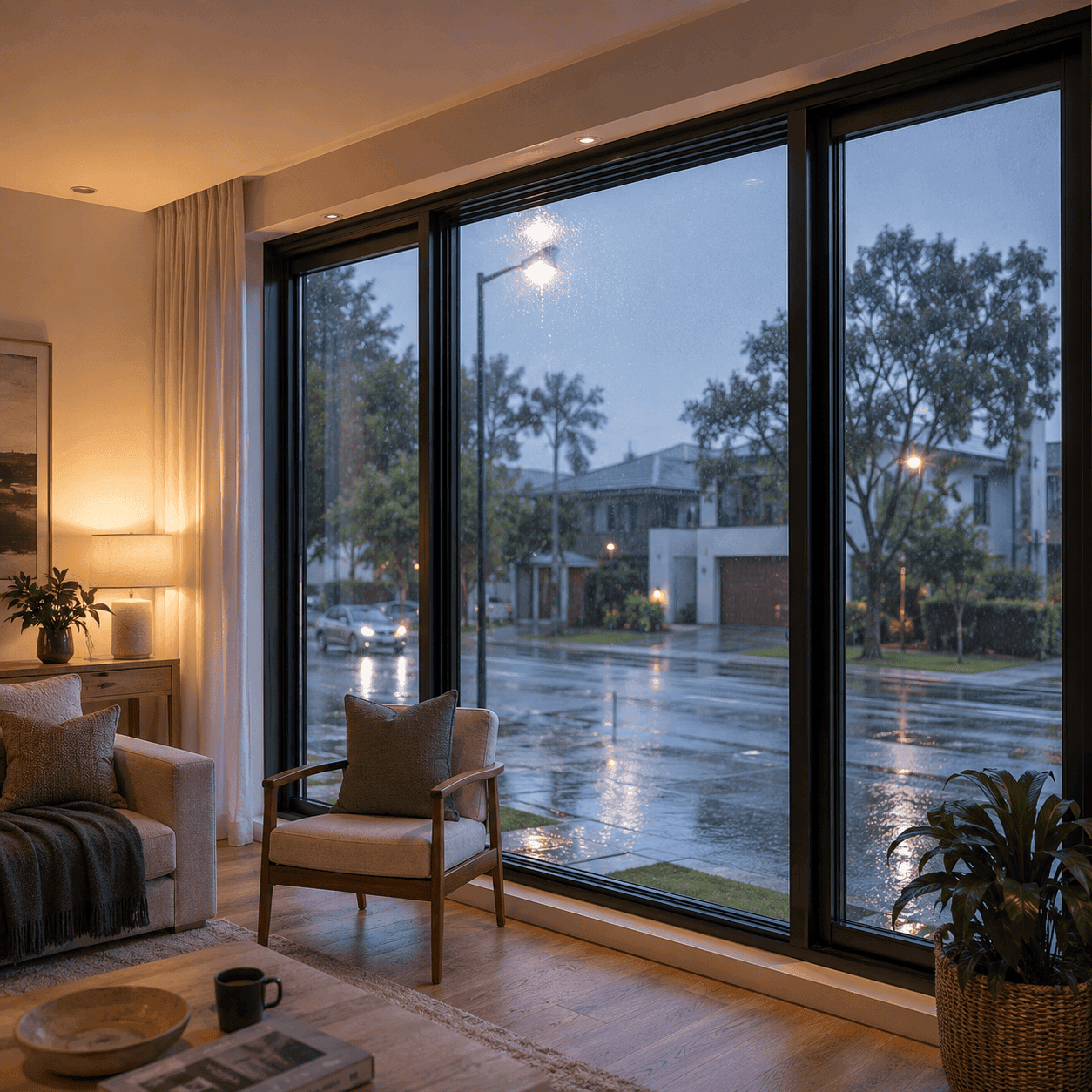 Cozy modern living room with large double-glazed windows overlooking a rainy Perth street, showcasing warm indoor comfort and clear insulated glass.