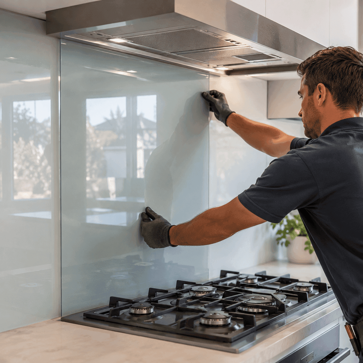 Tradesperson installing a toughened glass splashback behind the stovetop in a modern Australian kitchen with stainless steel appliances.