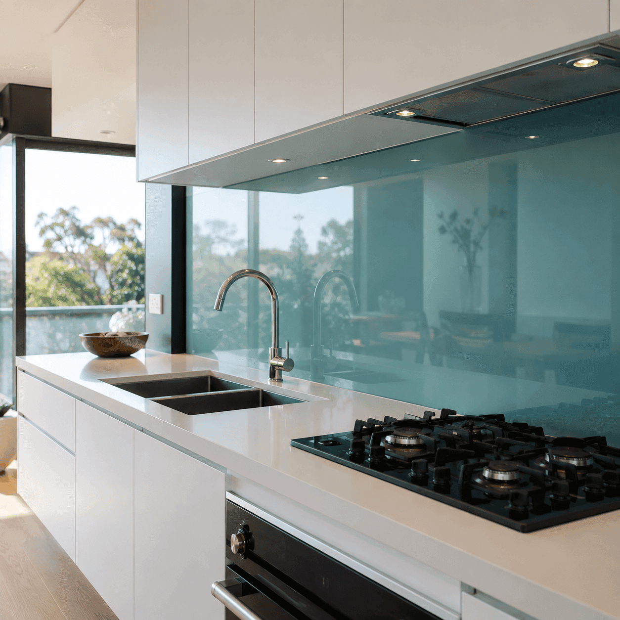 Bright contemporary kitchen featuring a glossy coloured glass splashback behind the sink and cooktop with minimalist cabinetry and natural daylight.