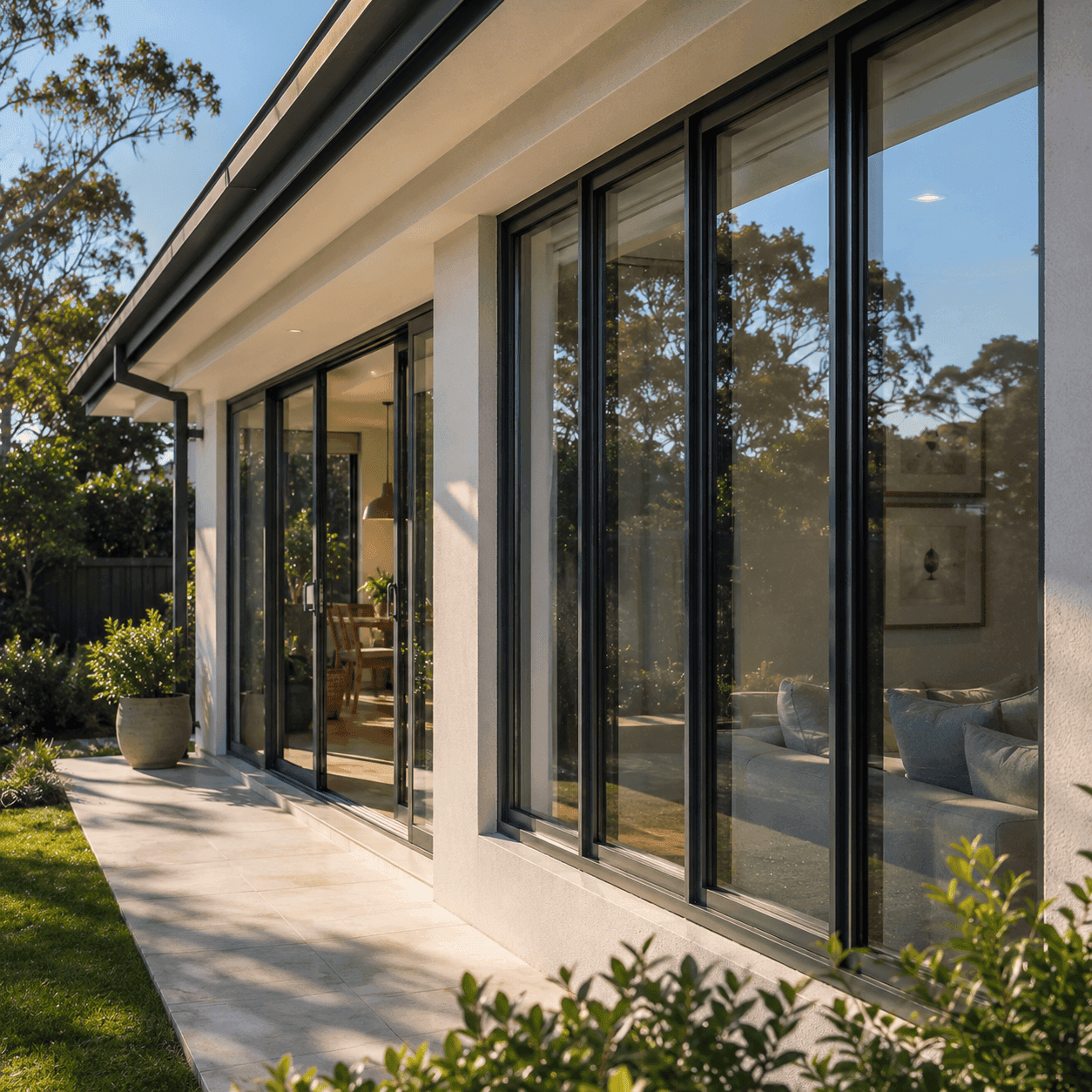 Modern home exterior with large glass windows and sliding glass doors featuring sleek aluminium frames and a landscaped patio.