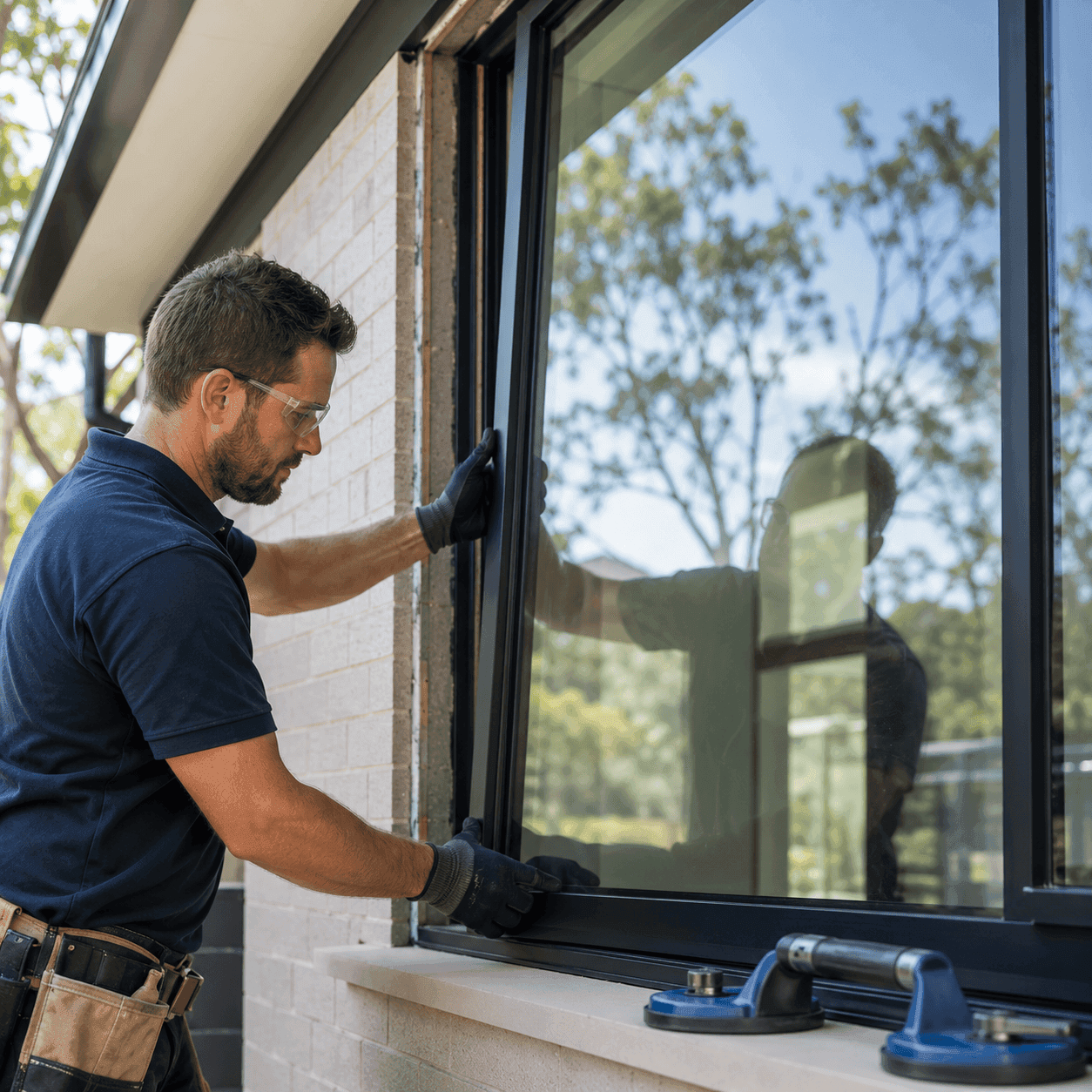 Professional tradesperson installing a large aluminium-framed glass window into an Australian home with tools and clear toughened glass visible.