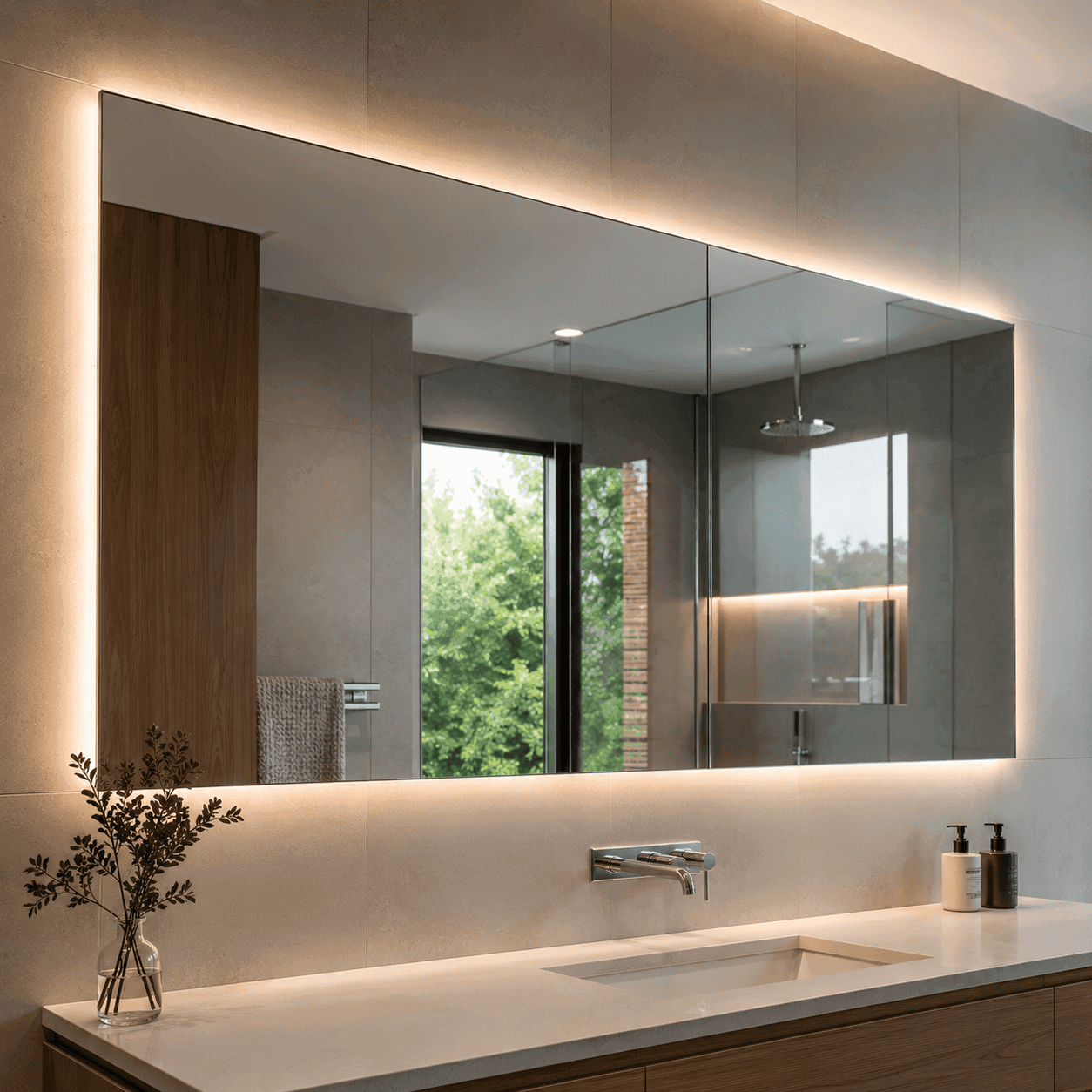 Large LED lift mirror installed above a modern bathroom vanity with warm backlit lighting and premium fixtures in an Australian home.