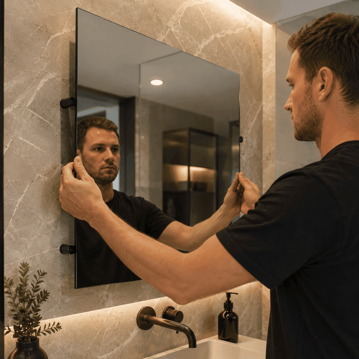 Tradesperson installing a large frameless bathroom mirror on a stone wall with premium fixtures in a modern Australian home.