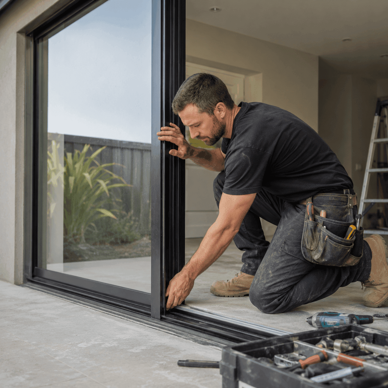 Tradesperson installing a large sliding glass door with aluminium frame and track in a modern Australian home.