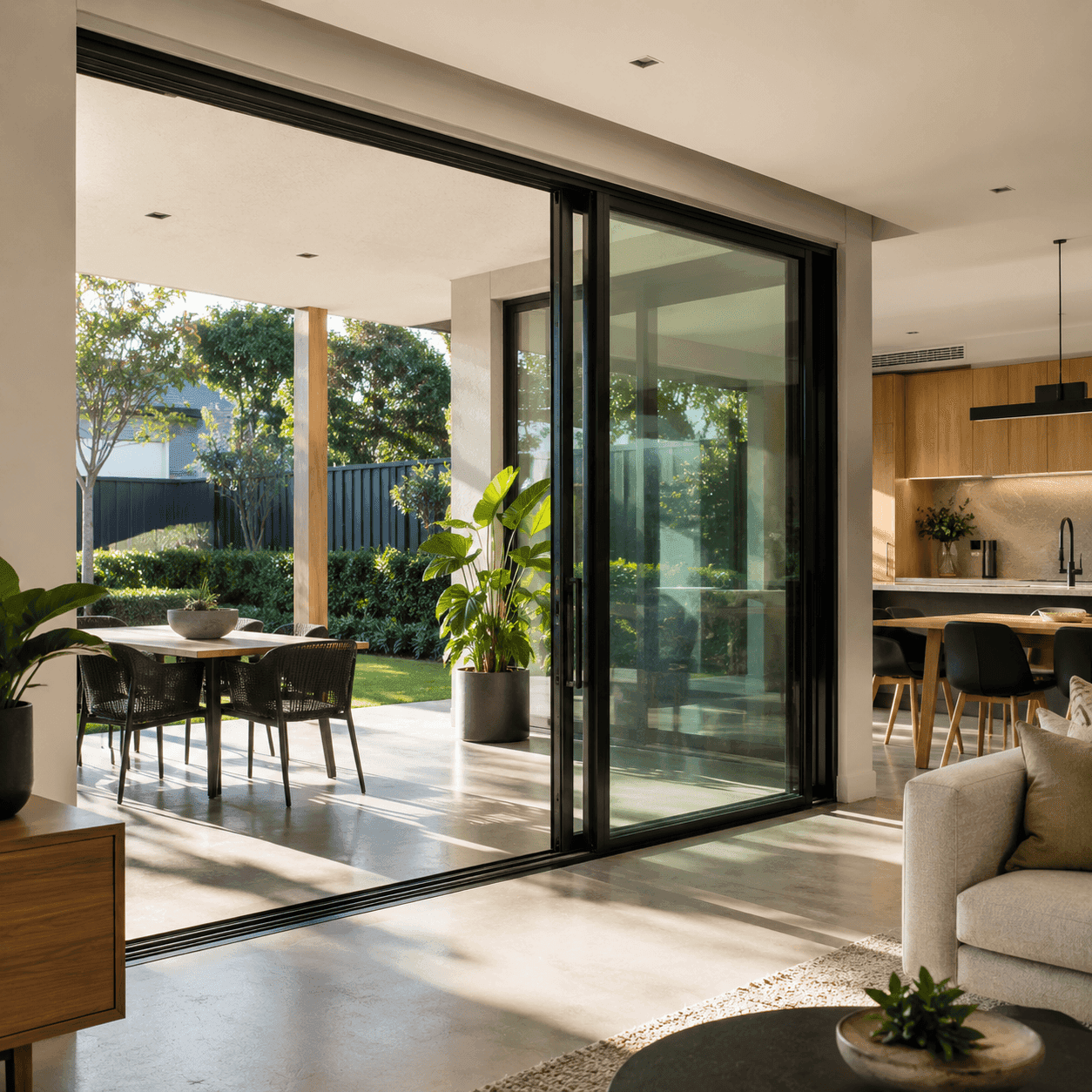 Modern home interior with a partially open sliding glass door leading to a sunlit patio and outdoor seating area.