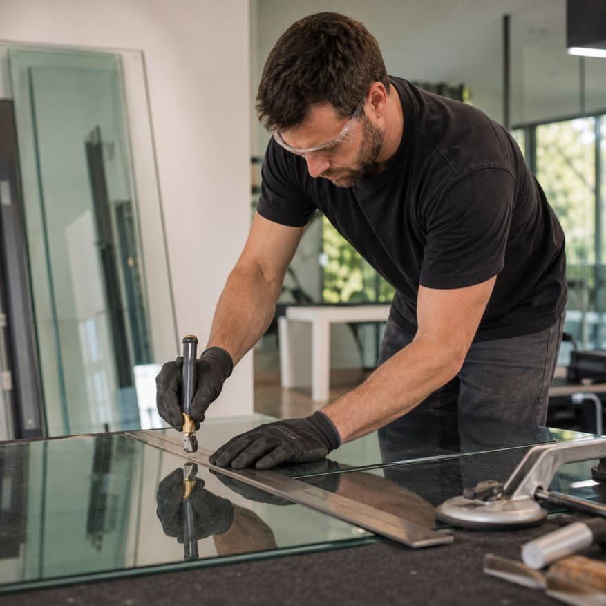 Skilled tradesperson measuring and custom fitting a toughened glass panel in a modern Australian home or workshop.