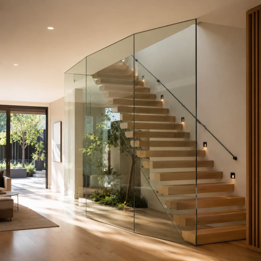 Elegant modern interior featuring a custom-designed glass balustrade with premium finishes and warm natural lighting.