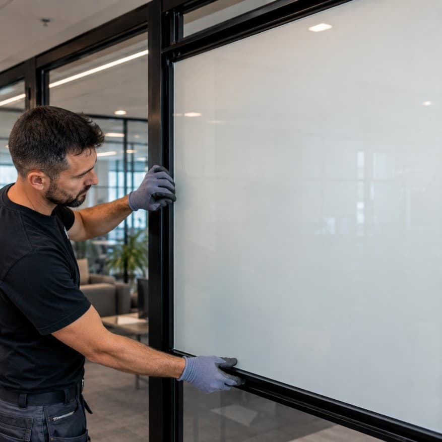 Tradesperson installing a frosted switchable smart glass partition into a black aluminium frame in a modern office, with clean interior surroundings and natural lighting.