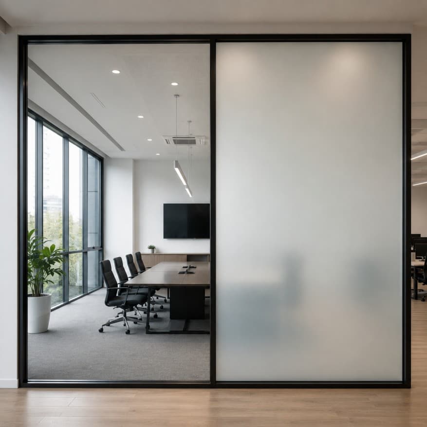 Modern office partition wall with black aluminium frames showing switchable smart glass in two states, one panel clear and transparent and the other frosted for privacy in a premium office interior.