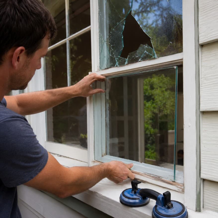 Tradesperson replacing a damaged window pane in a home, carefully fitting new toughened glass into the frame with suction lifter tools nearby.