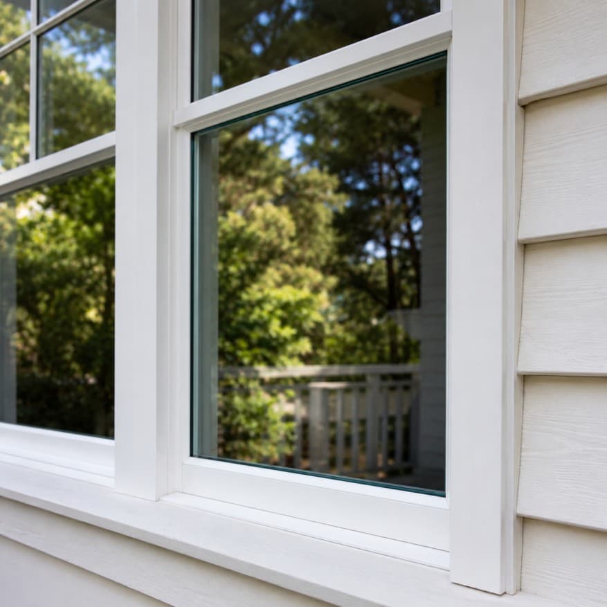 Freshly replaced window pane installed seamlessly in a clean white frame, with crystal-clear glass reflecting soft daylight and surrounding greenery.