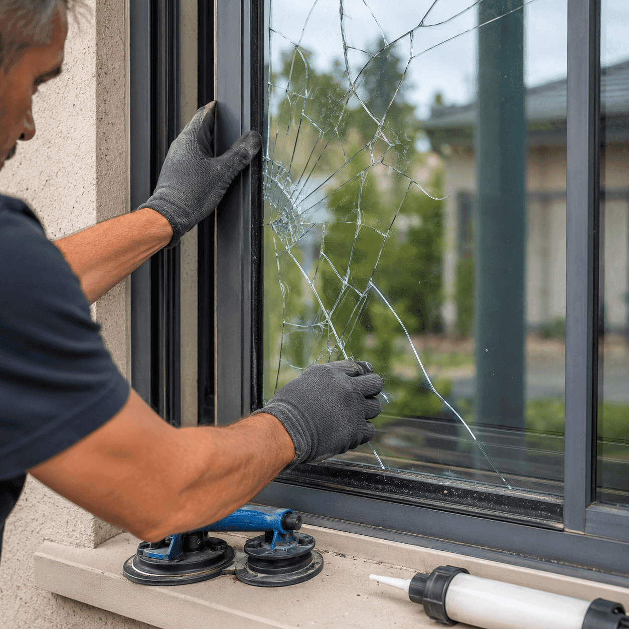 Tradesperson removing cracked window glass from an aluminium frame, with repair tools and suction lifters placed nearby during replacement.