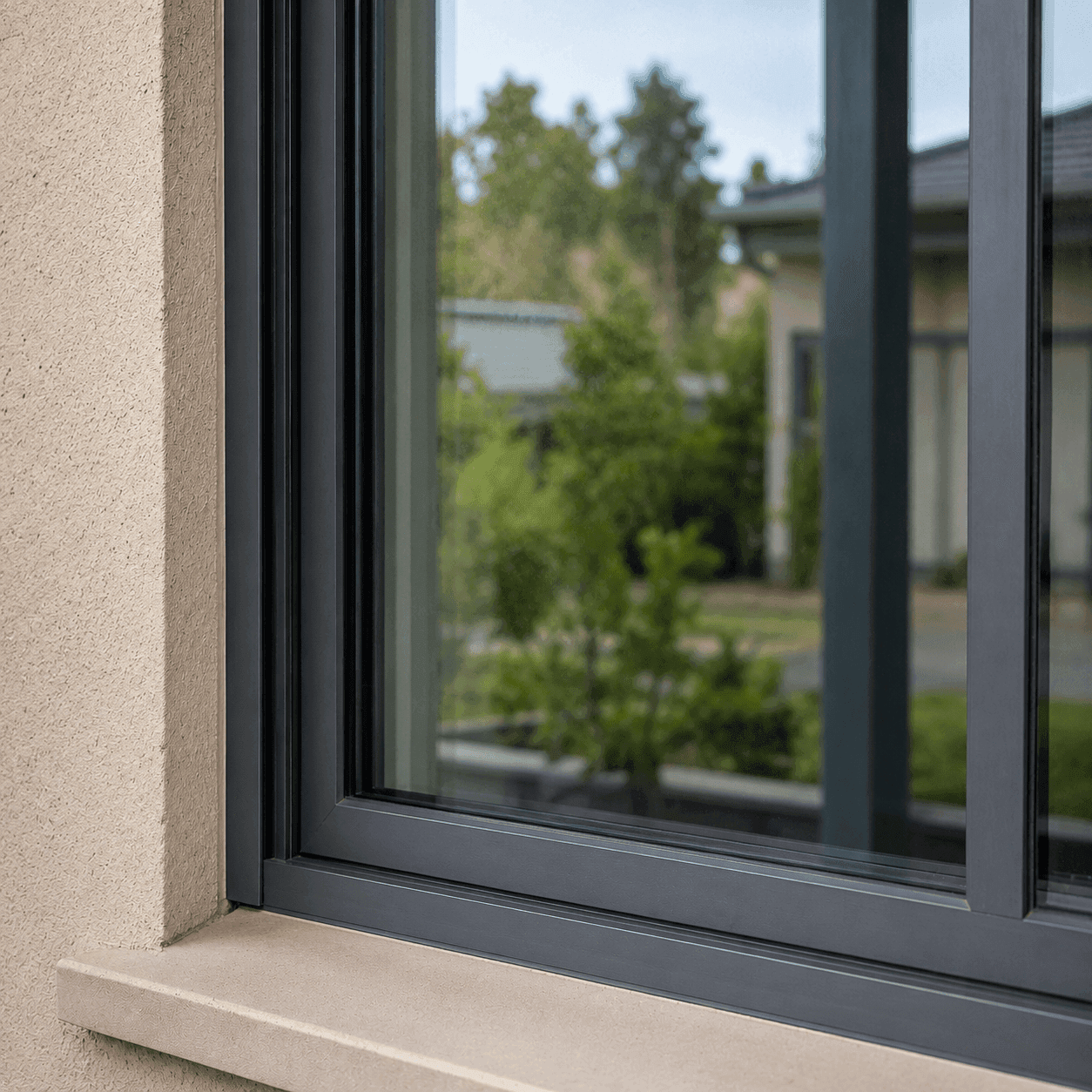 Newly replaced glass window pane fitted cleanly into a dark aluminium frame, with clear glass reflecting soft daylight and outdoor greenery.