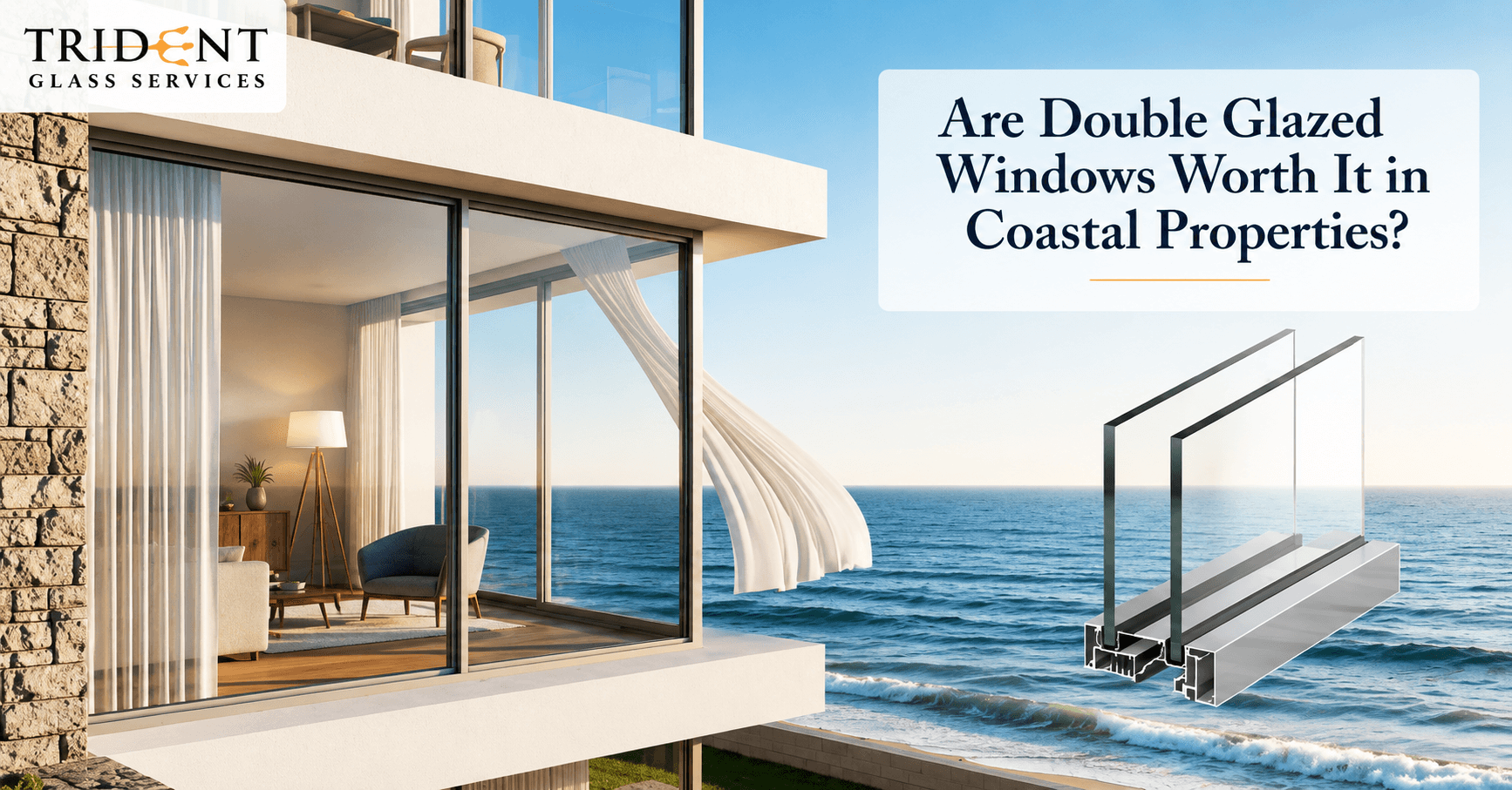 Modern coastal home with large double glazed windows overlooking the ocean, highlighting energy-efficient window design for improved insulation, durability, and coastal weather protection.